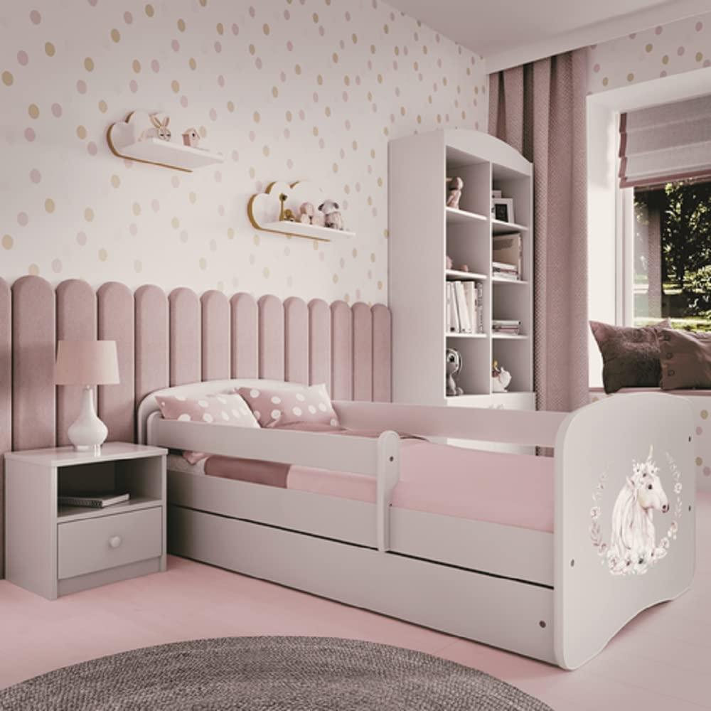 Kinderbett 180x80 mit Rausfallschutz, Lattenrost & Schublade in weiß 80x180 Mädchen Bett rosa Einhorn Bild 1