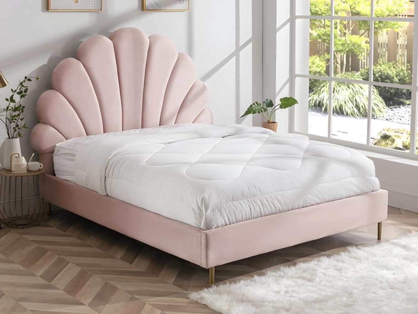 Vente-unique - Bett mit Kopfteil in Muschelform - 160 x 200 cm - Samt- Rosa - LIVAYA Bild 1