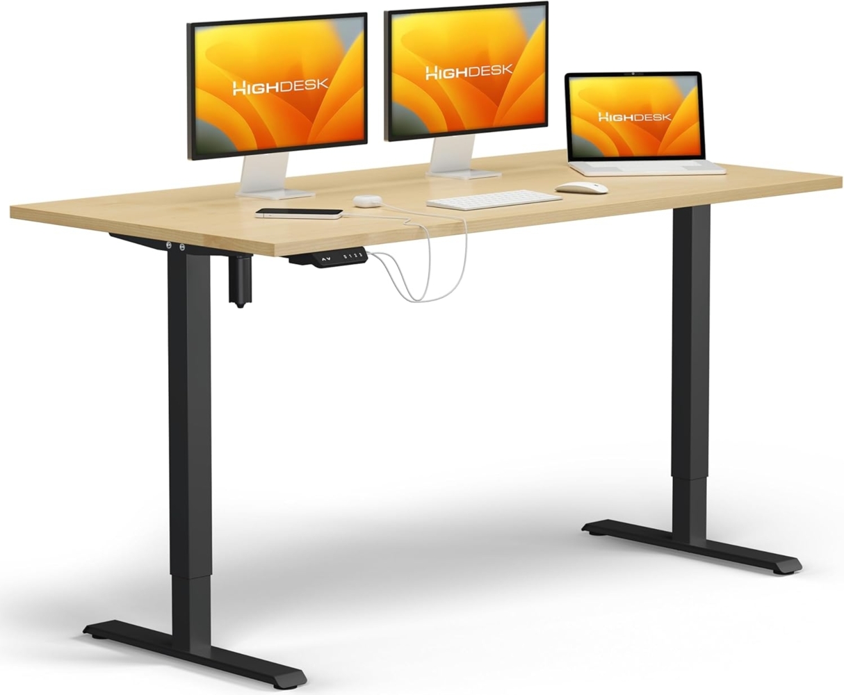 KRIEG HighDesk SMART Höhenverstellbarer Schreibtisch (Schwarz + Ahorn I 160x80 cm) - Elektrischer Sitz- & Stehtisch mit Tischplatte - Stehschreibtisch Elektrisch Höhenverstellbar Bild 1