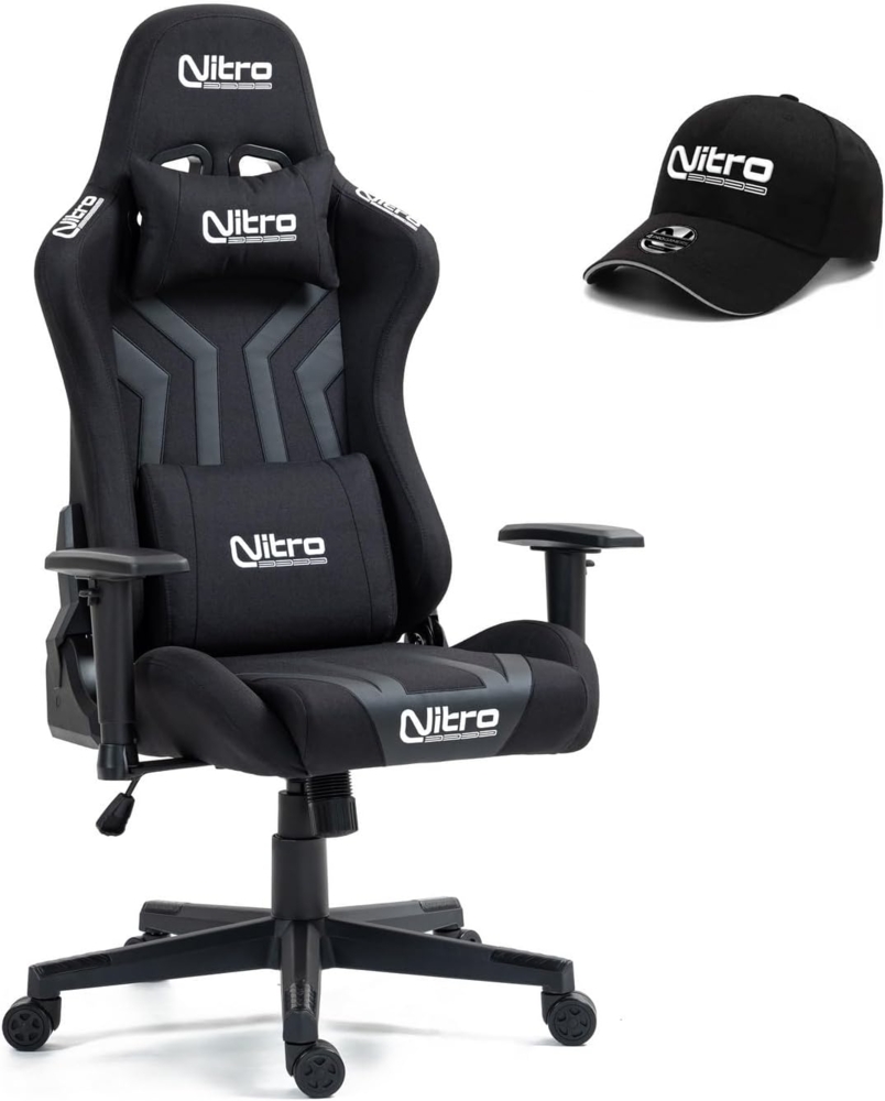 Nitro – Ergonomischer Gaming-Stuhl, Bürostuhl aus Stoff und Kunstleder, verstellbarer Gaming-Stuhl mit Lendenkissen, Kopfstütze, Armlehnen, Hut inklusive, Flyco Pro Schreibtischstuhl (grau/schwarz) Bild 1