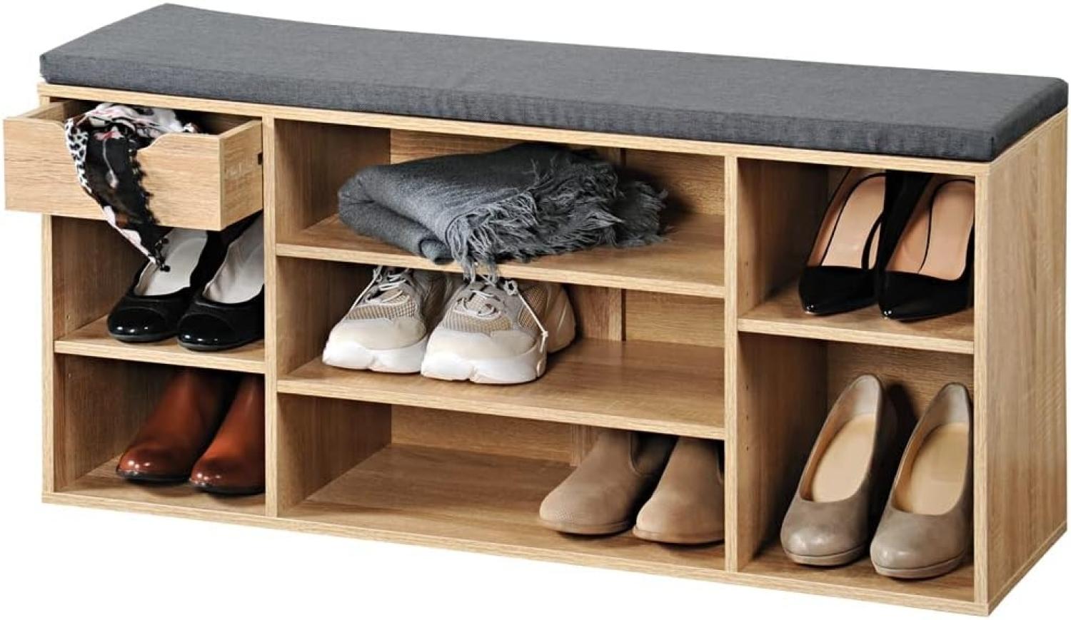 Kesper Schuhbank Schuhschrank mit Sitzkissen und Schublade Sonoma Eiche (1 Stück), Bietet Platz für bis zu 10 Paar Schuhe Bild 1