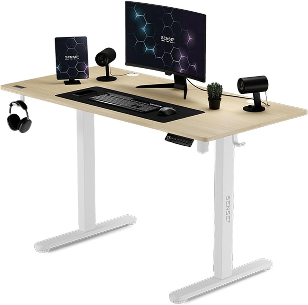 SENSE7 Höhenverstellbarer Schreibtisch elektrisch NOJO, Standing Desk 120x60, PC Tisch mit Memory, Stehschreibtisch mit Kabel Tray, Gaming Tisch mit Haken, geräuscharme Höhenverstellung, White-Pine Bild 1