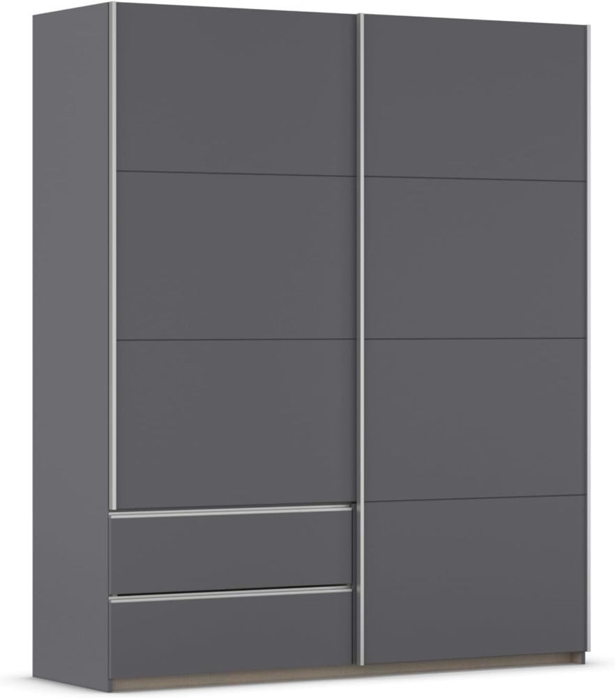 Rauch Möbel Stoke, Schwebetürenschrank, Garderobe, 2-türig, 2 Schubladen, mit Zubehörpaket Premium, 4 Einlegeböden und Türdämpfer, Farbe Grau metallic, Schwarz, Griffleisten Alufarben, 175 x 210 x 59 cm Bild 1