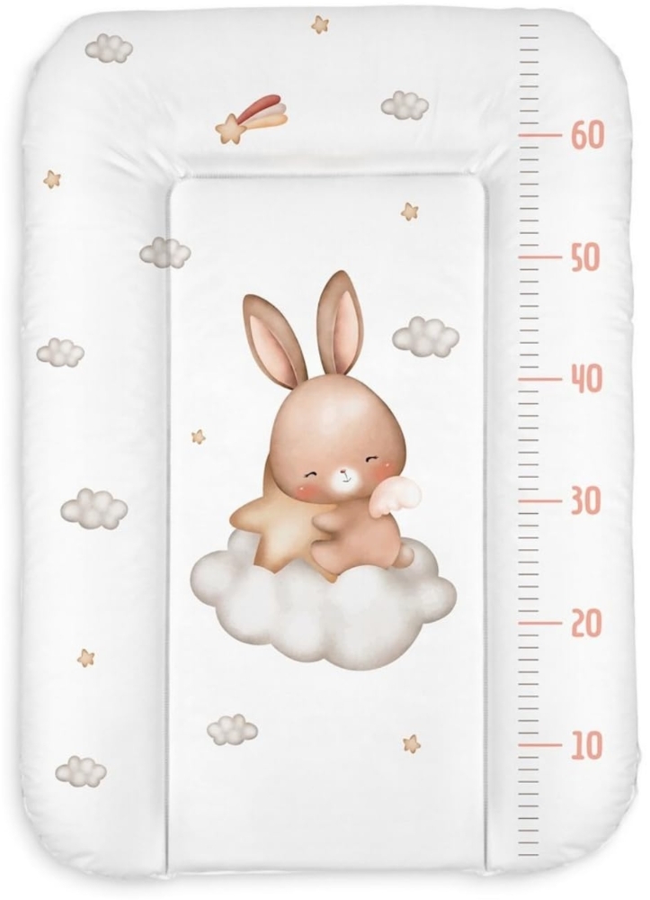 Wickelauflage 50x70 cm, Weiß mit Hase – abwaschbar & wasserdicht, weich für Neugeborene – Wickeltischauflage für Wickelkommode – Baby Wickelunterlage, schnell abwischbar Bild 1