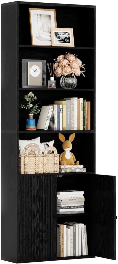 IRONCK Bücherregal mit Türen, Standregal mit 6 Ebenen, Holz Regal mit Türen, Bücherschrank, offenes Aufbewahrungsregal für Arbeitszimmer, Büro, Wohnzimmer, Schlafzimmer 180 x 60 x 23.5 cm (schwarz) Bild 1