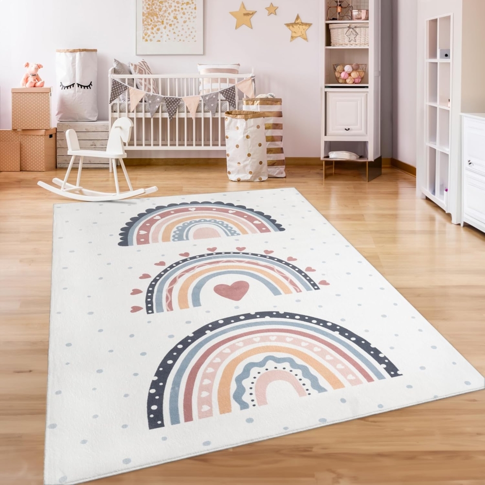 Paco Home Teppich Kinderzimmer Kinderteppich Spielteppich Kurzflor rutschfest Krone Herzen Punkte Sonne Regenbogen Buchstaben, Grösse:240x340 cm, Farbe:Bunt 2 Bild 1