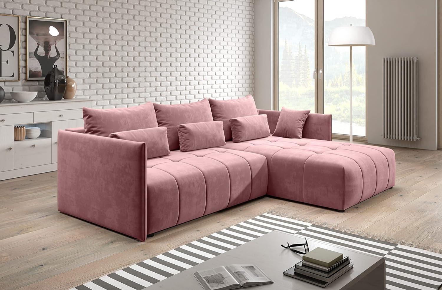 FURNIX Ecksofa Yalta mit Schlaffunktion und Bettkasten - Couch L-Form Sofa mit Kissen - Stellfüße in Chromoptik - B245 x H83 x T182 cm, Liegefläche: 147 x 232 cm - MH63 (Rosa) Bild 1