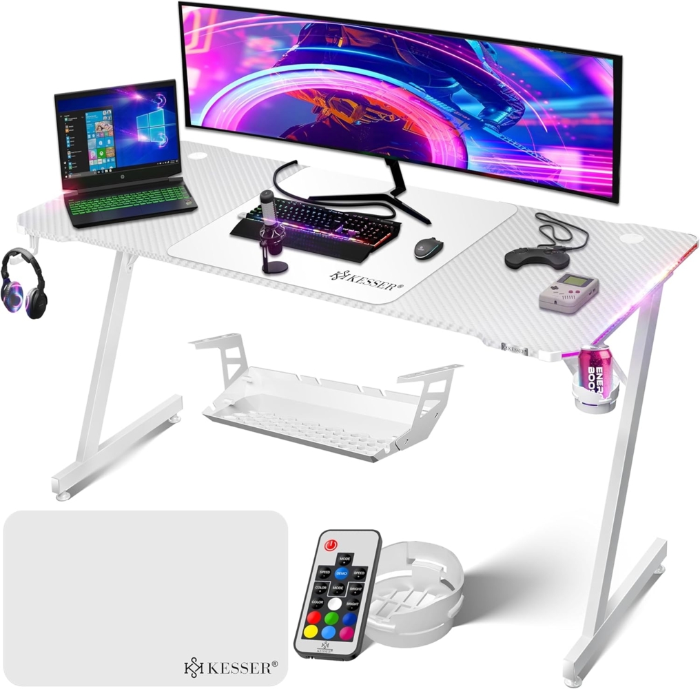 KESSER® Gaming Tisch LED | Z-Form Gamer Schreibtisch | Kopfhörerhaken & Kohlebeschichtung | Ergonomischer PC Computertisch | Stabiler Tisch mit Mauspad & Getränkehalter Weiß Carbon mit LED, 160 x 60 cm Bild 1