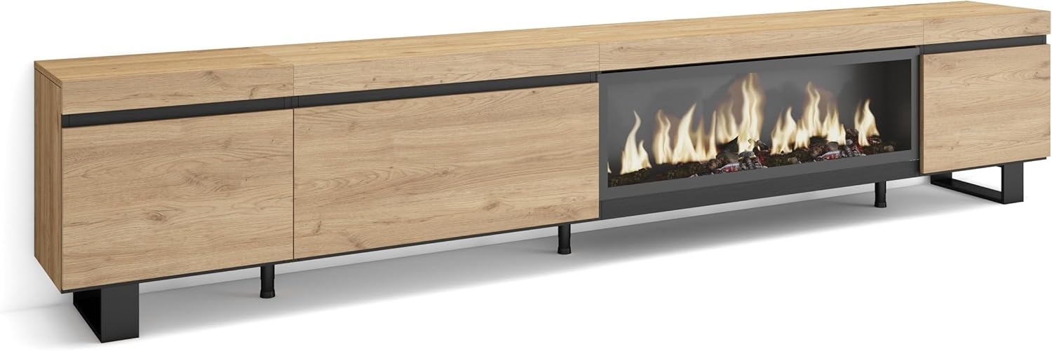 Skraut Home | TV-Schrank, Lowboard | für Wohnzimmer und Esszimmer | 288 x 57 x 35 cm | Für großformatiges TV | Elektrokamin XXL | Industriedesign | Moderner Stil | Eiche Bild 1