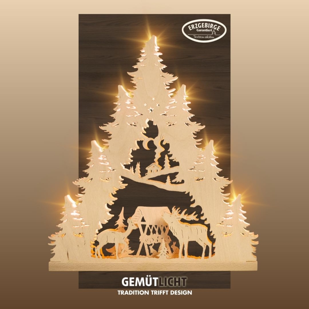 Weigla Lichterbogen Hirschfamilie, Lichterspitze aus Holz, NATUR, Made in Germany (1-tlg), Erzgebirge garantiert, Weihnachtsdeko Innen, Weihnachtsbeleuchtung Bild 1