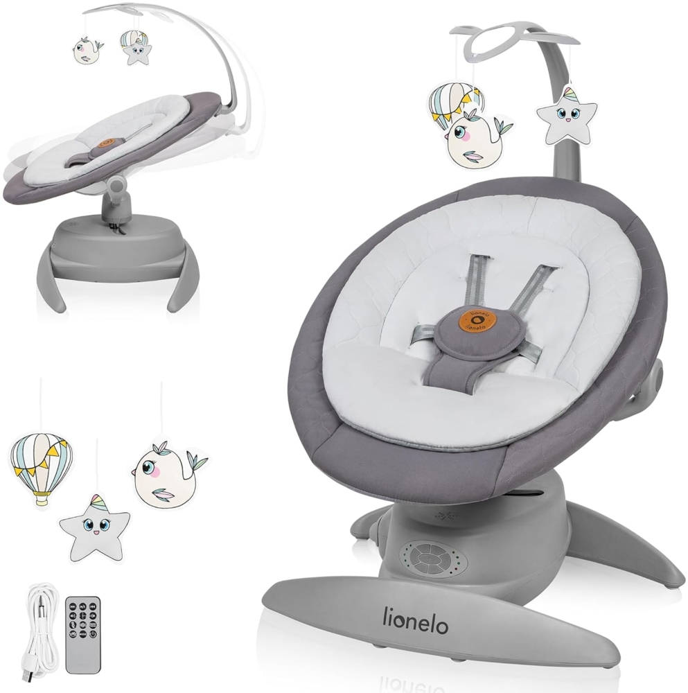 Lionelo MELL Elektrische Babywippe mit 360o Drehung für Babys bis 9 kg Verstellbare Rückenlehne 5 Schaukelgeschwindigkeiten Bewegungserkennung Sitzgurte 12 Melodien Spielzeugbügel Fernbedienung Bild 1