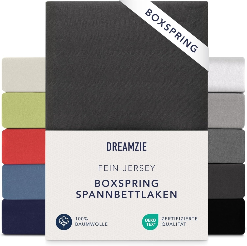 Dreamzie Premium Spannbettlaken 140x200 cm - 160x200 cm - 37cm Seitenhöhe - auch für Boxspringbett & Wasserbett - Bettlaken Boxspringbett 100% Jersey Baumwolle, 150 g/m² - Oeko-TEX - Schwarz Bild 1