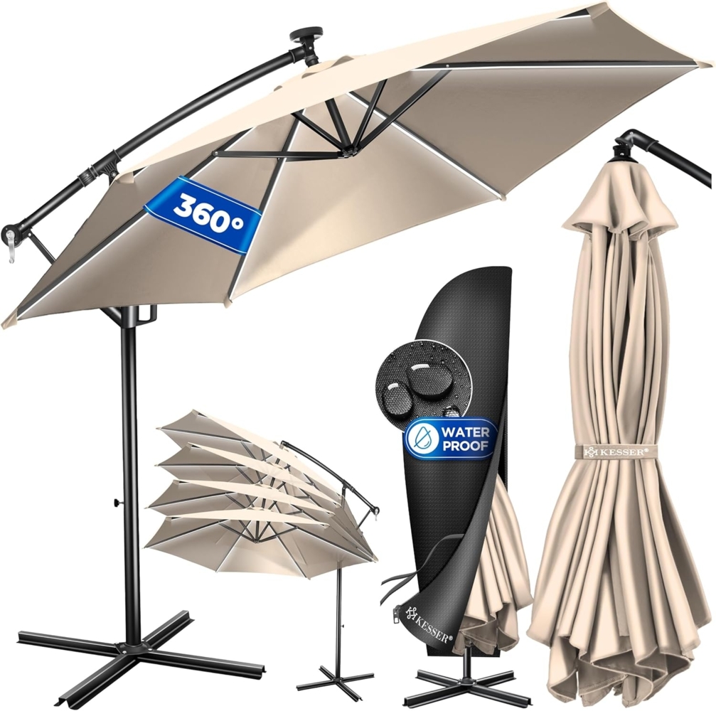 Kesser® Sonnenschirm LED Solar mit Abdeckung, Polyester / Aluminium beige, Ø 300cm Bild 1