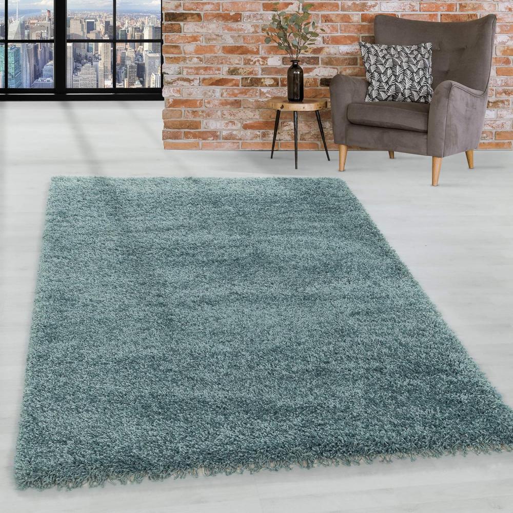 HomebyHome Shaggy Hochflor Wohnzimmerteppich Läufer 80x250 cm Aqua - Flur Teppich Flauschig, Modern, Plüsch und Extra Weich - Ideal als Bettvorleger im Schlafzimmer und als Küchenläufer Bild 1