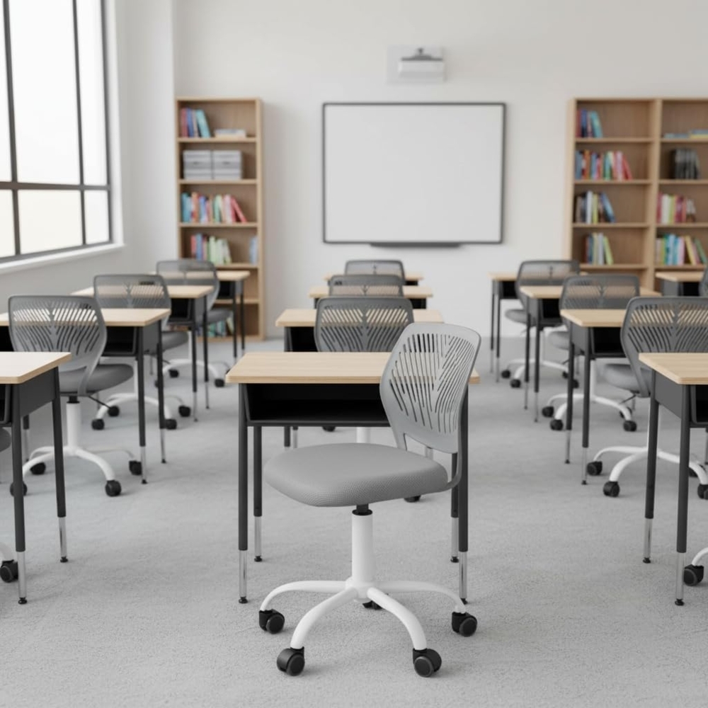 FurnitureR Schulhocker ergonomisch, höhenverstellbar, drehbar, Netzrückenlehne, Sitzfläche 38x40 cm, Rückenlehne 32cm, Metallfuß, 130kg Tragkraft, Dunkelgrau Bild 1