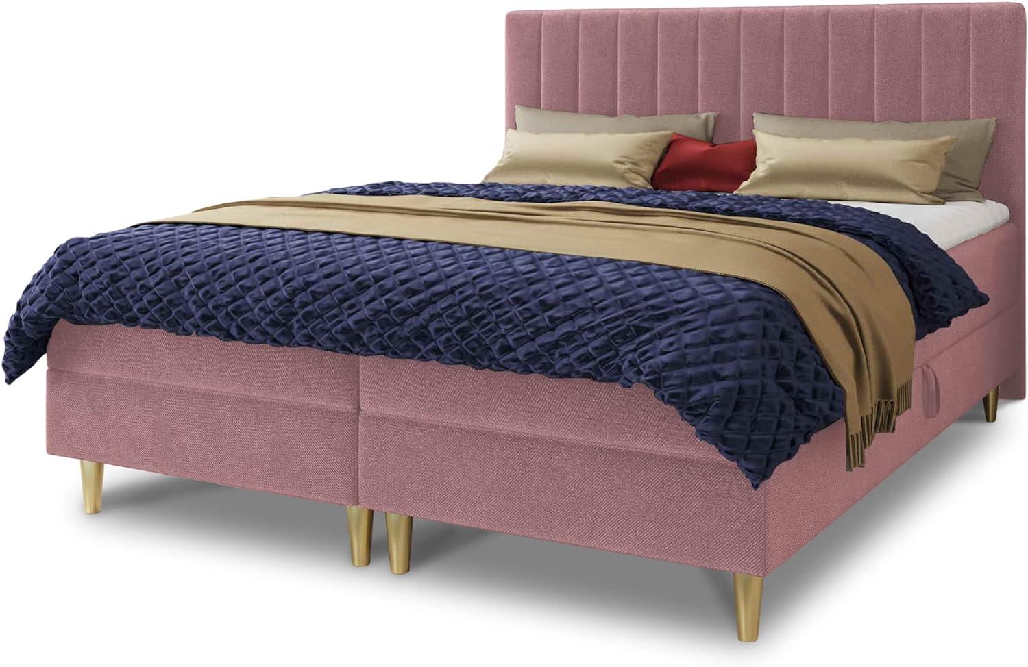 Boxspringbett Gold mit 2 Bettkästen und Topper - Doppelbett, Bonell-Matratze, Polsterbett, Bett mit Matratzentopper, Schlafzimmer, Velours Stoff (Pink (Manila 09), 160 x 200 cm) Bild 1