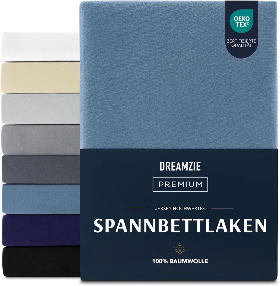 Dreamzie Premium Spannbettlaken 180x200 cm, Spannbetttuch für Dicke Matratzen bis zu 27 cm, Bettlaken 100% Jersey Baumwolle, 150 g/m², Oeko-TEX zertifiziert - Blau Bild 1