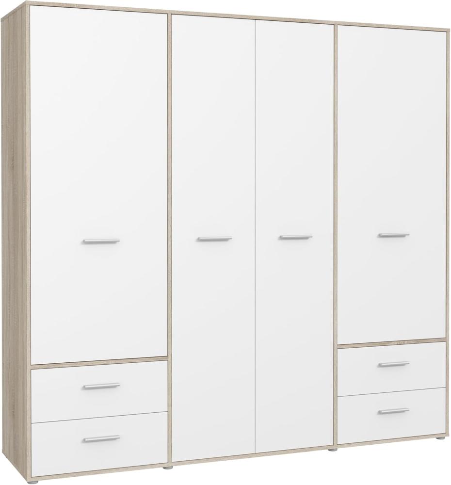 FORTE MOKKARO Schrank 200 210, Kleiderschrank Schlafzimmer Drehtürenschrank Modern, 4-türig mit 4 Schubladen, Einlegeböden und Kleiderstange, Weiß, 206 cm breit x 200 cm hoch x 53 cm tief Bild 1