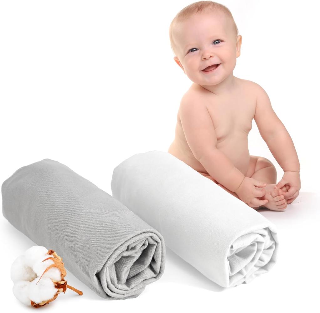 Dreamzie - Spannbettlaken 70x140 Baby 2er Pack - Baumwolle Oeko Tex Zertifiziert - Weiß und Grau - 100% Jersey Spannbetttuch 70x140cm Bild 1