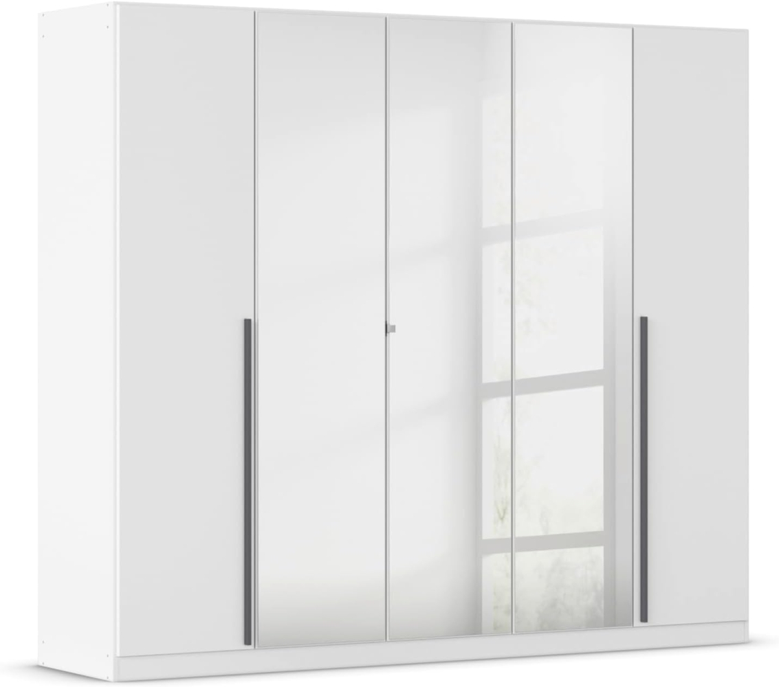 rauch Kleiderschrank Alba, Drehtürenschrank, Garderobenschrank, 5-türig, mit Spiegel, 4 Kleiderstangen, 5 Einlegeböden und Schubladeneinsatz, Farbe Weiß, Griffstange Grau metallic, Schwarz, 226x197x54cm Bild 1