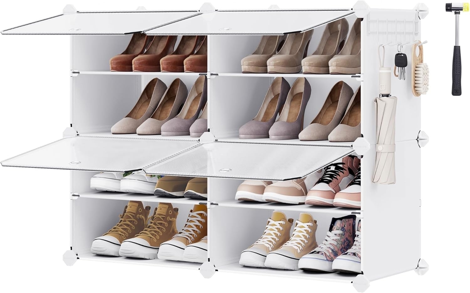Songmics Schuhregal mit 4 Fächern, Schuhschrank, 30 x 40 x 30 cm pro Fach, schmal, mit Türen, Stahlrahmen, Kunststoff, für Flur, Schlafzimmer, Eingangsbereich, weiß Bild 1