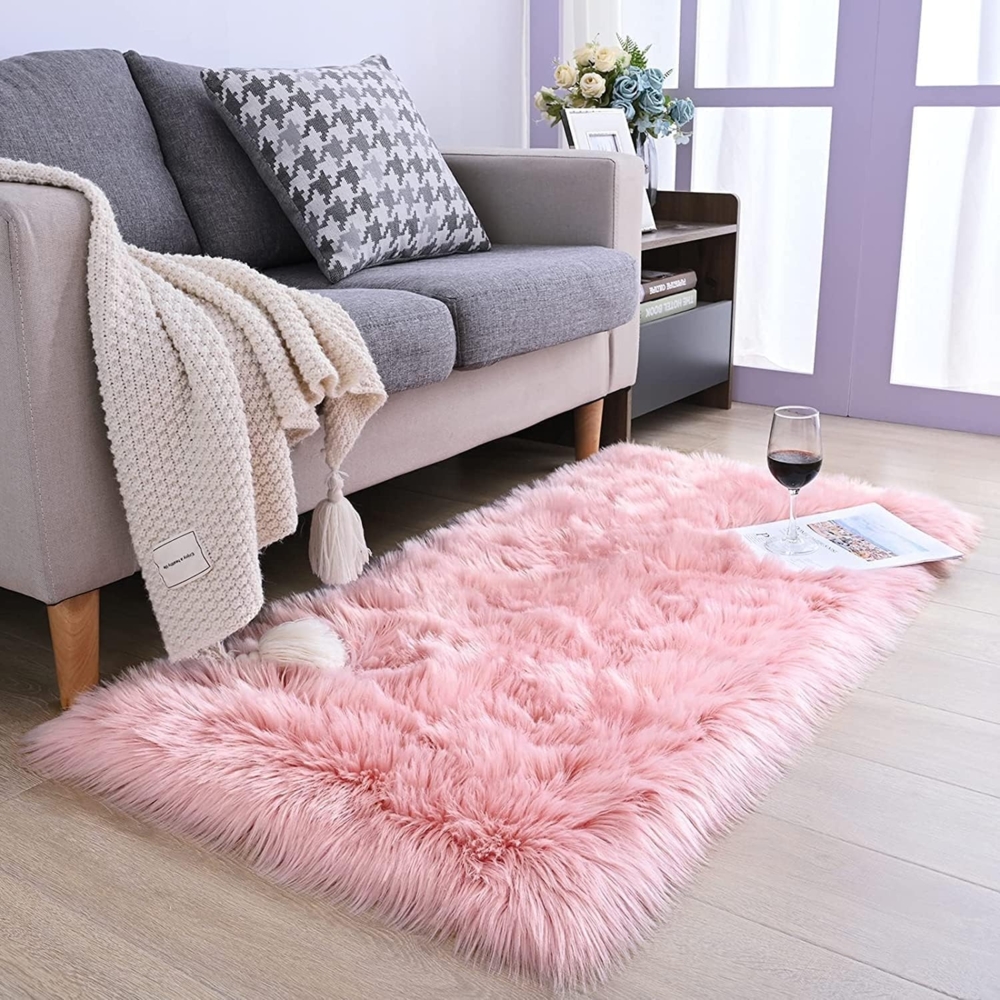 HEQUN Faux Lammfell Schaffell Teppich Kunstfell Dekofell Lammfellimitat Teppich Longhair Fell Nachahmung Wolle Bettvorleger Sofa Matte (75x120 cm, Rosa) Bild 1