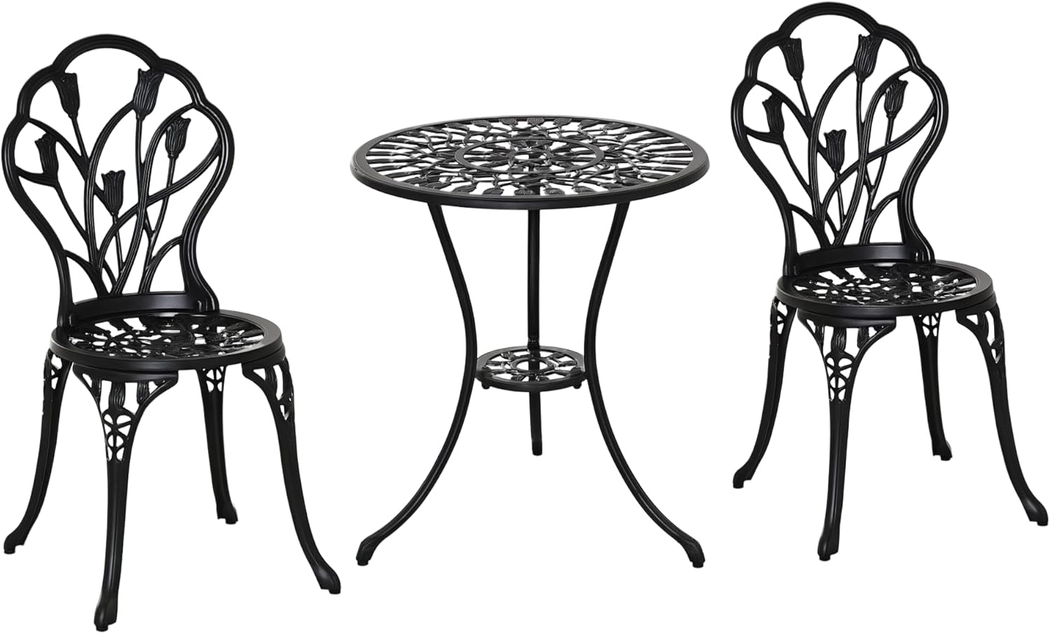 Outsunny Sitzgruppe 3-teilige Essgruppe 1 Tisch+2 Stühle mit Schirmloch Terrasse, (Balkonmöbel-Set, 3-tlg, Gartenmöbel-Set), Aluminium Schwarz Ø60 x 67H cm Bild 1
