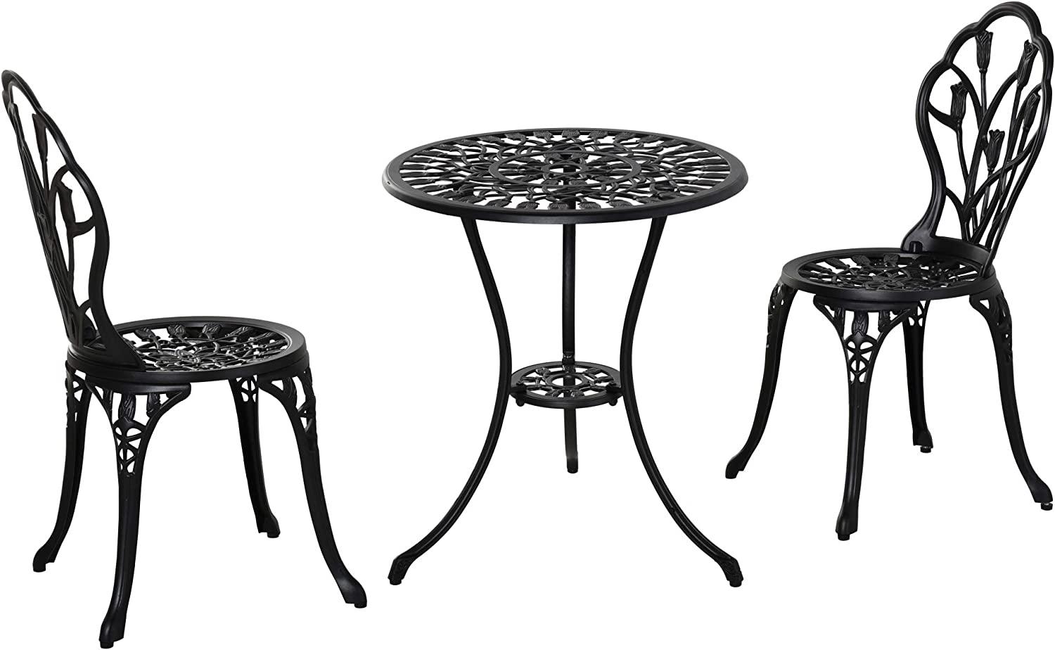 Outsunny Sitzgruppe 3-teilige Essgruppe Gartenmöbel-Set 1 Tisch+2 Stühle mit Schirmloch Terrasse Aluminium Schwarz Ø60x67H cm Bild 1