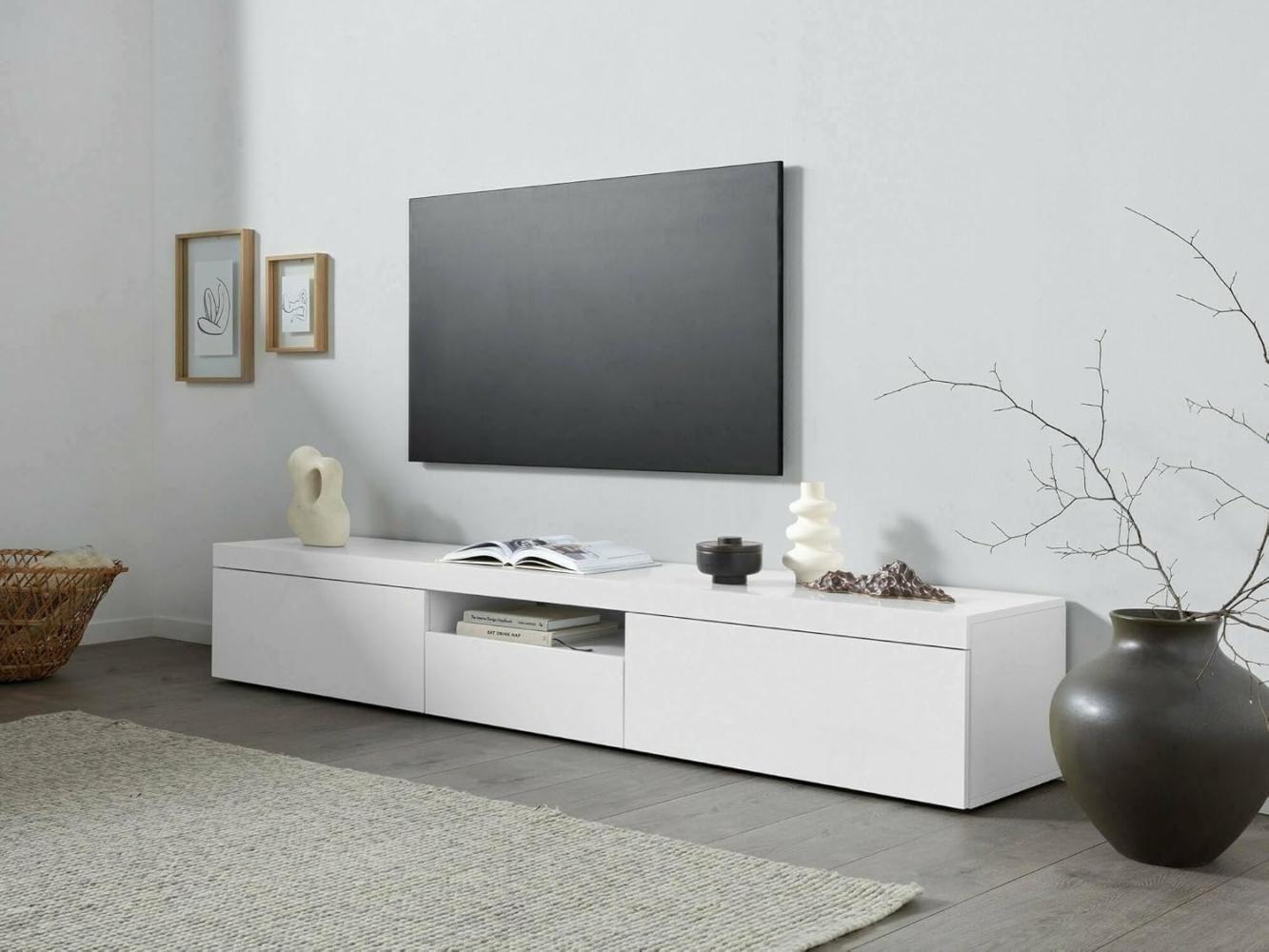 Dmora - TV-Ständer Ulrico, niedriges Wohnzimmer-Kommode mit 3 Türen, TV-Ständer-Basis, 220x40x35 cm, glänzend weiß Bild 1