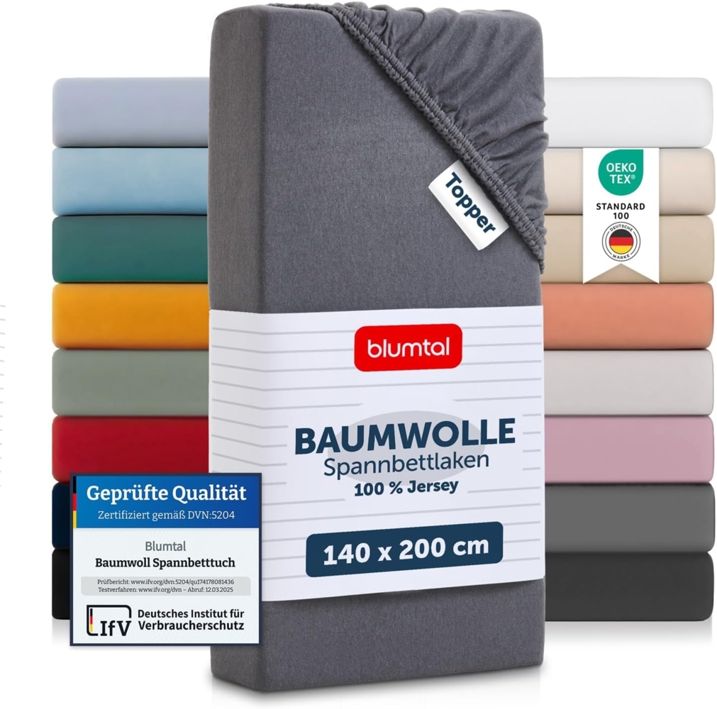 Blumtal® Basics Jersey Spannbettlaken 140x200 cm -Oeko-TEX Zertifiziert, 100% Baumwolle Bettlaken, bis 7cm Topperhöhe, Grau Bild 1