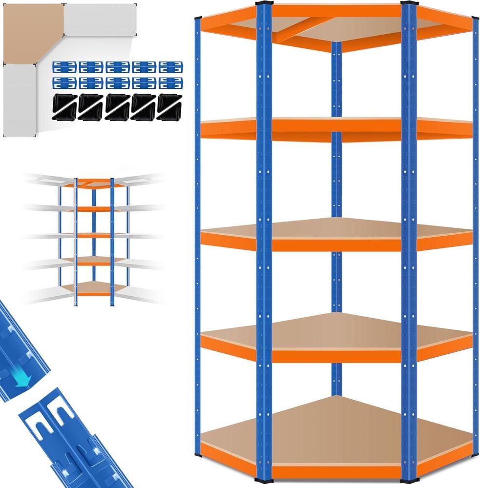 MASKO® Eckregal Lagerregal Schwerlastregal, Kellerregal, 180x75x40cm , bis 875 kg, 5 verstellbare Ablagen, MDF-Platten Regal aus Metall, Steckregal, Werkstattregal, Keller, Garage Orange / Blau Bild 1