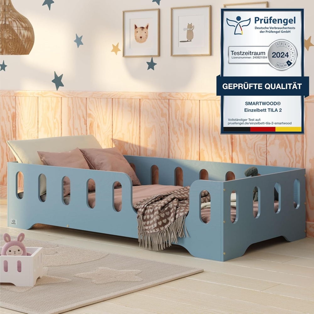 smartwood Kinderbett Bodenbett 80x160 mit Rausfallschutz & Lattenrost - Blau - Kinder Montessori Bett TILA 2P mit glatten Kanten - Betten für schnelle Montage - Bis 230 kg belastbar Bild 1