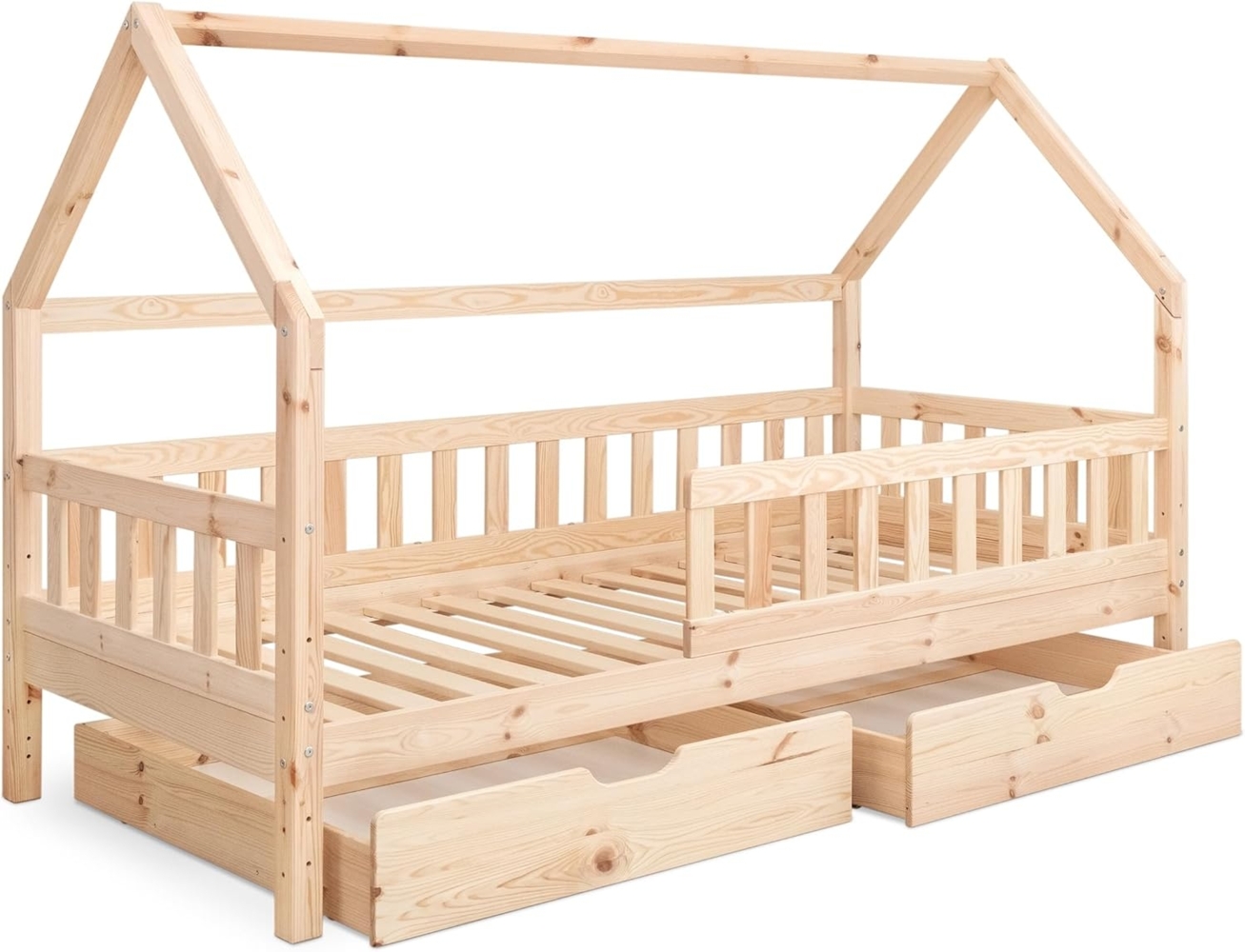 Ehrenkind Hausbett aus nachhaltigem Kiefernholz (mit abnehmbarem Rausfallschutz aus nachhaltigem Holz, Erhältlich in Natur und Weiß Kinderbett 80x160/90x200 cm), höhenverstellbar, nachhaltiges Kiefernholz, hergestellt in Europa Bild 1