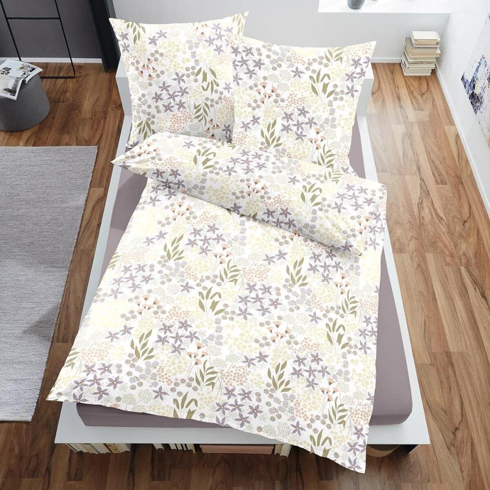 Dormisette Mako Satin Bettwäsche 135x200 Blumen Blätter gelb oliv lila 2870-30 Bild 1