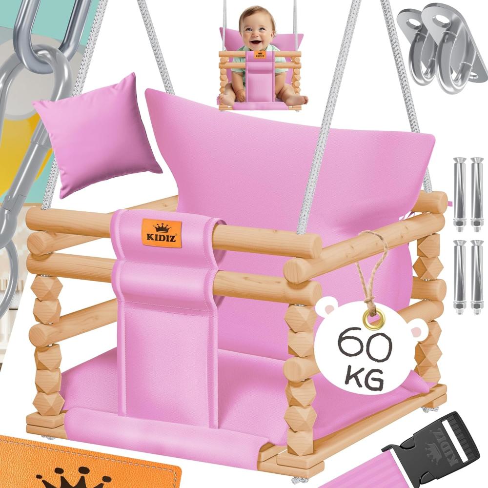 KIDIZ® Babyschaukel Kinderschaukel Schaukelsitz mit Polsterung | Holz-Schaukel mit Anti-Kipp bis 60KG | Höhenverstellbar Indoor & Outdoor | 0,5 - 3 Jahre | Montagezubehör & Sicherheitsgurt Rosa Bild 1