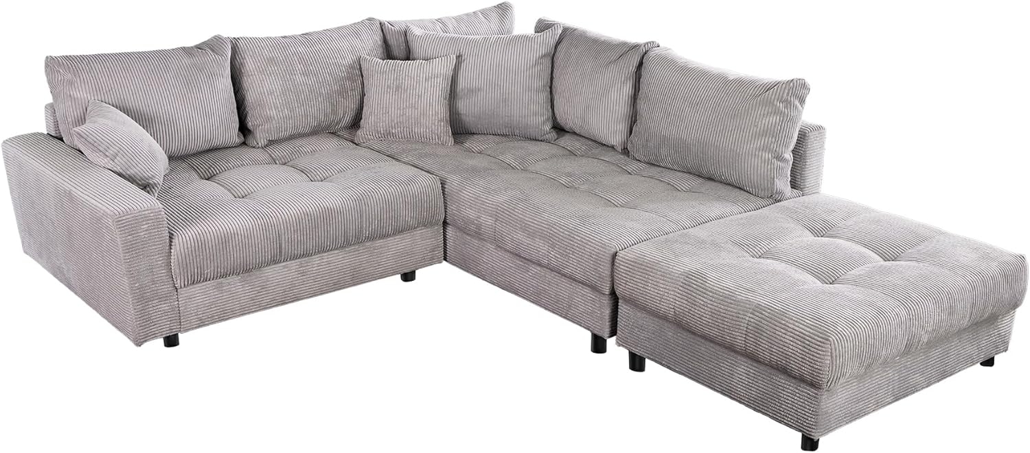 riess-ambiente Ecksofa KENT 220cm hellgrau / schwarz, Einzelartikel 1 Teile, Wohnzimmer · Cord · mit Federkern · inklusive Hocker · L-Form · Modern Bild 1