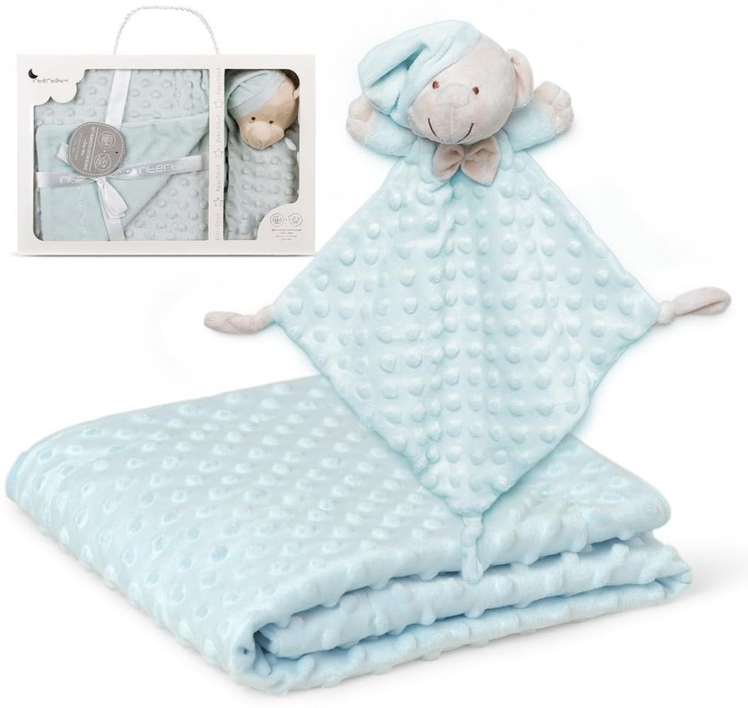 Interbaby Babydecke für Neugeborene + Doudou Baby | Babydecke aus Baumwolle und Polyester, Samt, bequem, warm, 80 x 110 cm | weiches Baby-Plüschtier, liebenswert, 28 x 17 cm | Blase + grüner Bär Bild 1