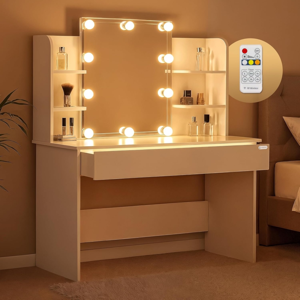 Casaria Schminktisch Lucia mit LED Beleuchtung 140x40 cm Spiegel Schublade 3 Fächer Ablagen Schlafzimmer Frisiertisch Schminkkommode Make-up Holz Weiß Bild 1