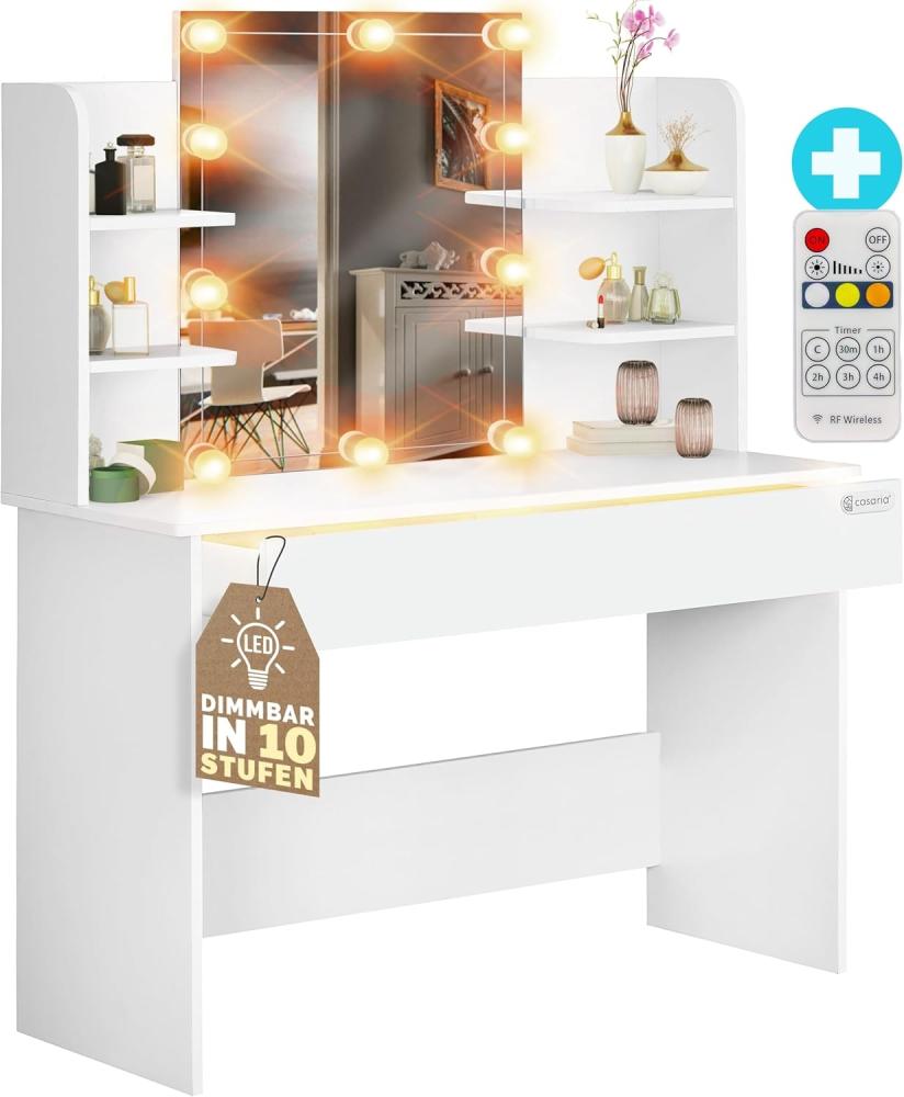 Casaria Schminktisch Lucia mit LED Beleuchtung 140x40 cm Spiegel Schublade 3 Fächer Ablagen Schlafzimmer Frisiertisch Schminkkommode Make-up Holz Weiß Bild 1