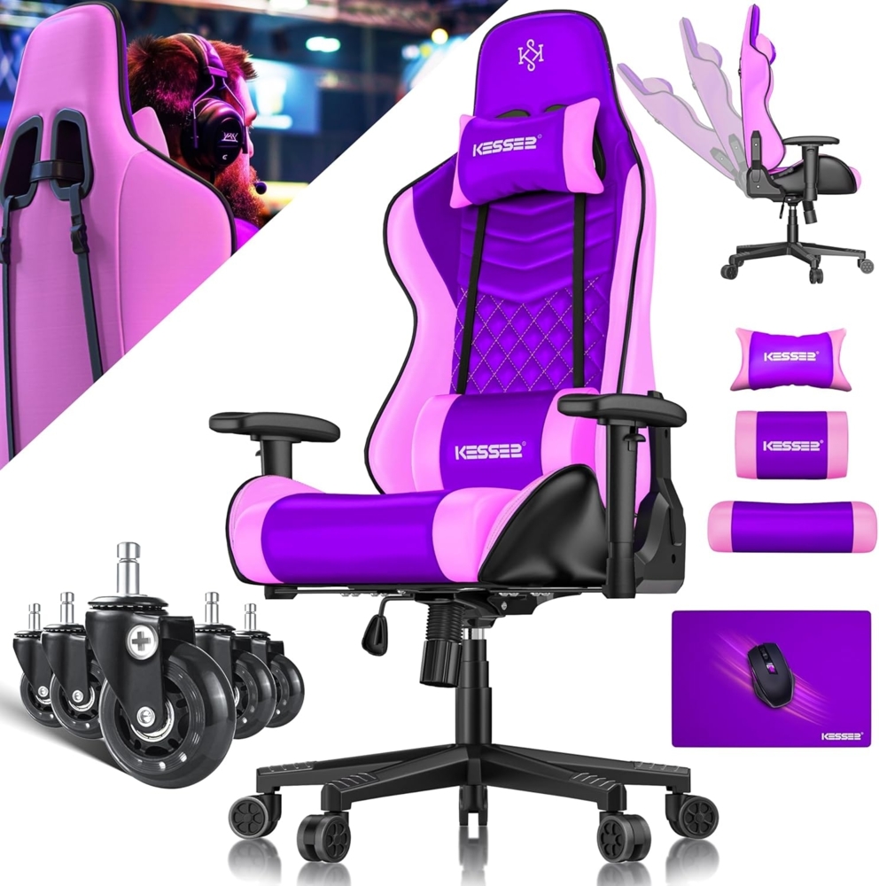 KESSER® Gamingstuhl mit Kopfstütze & Lendenkissen | Ergonomischer Gaming Sessel 150kg belastbar | Gamer Stuhl 360° Armlehne | Drehbarer Schreibtischstuhl Gaming Chair mit Mauspad + Gummi-Rollen Rosa / Violett Bild 1