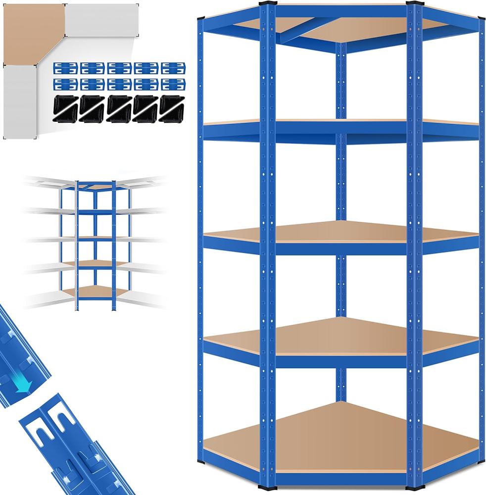 MASKO® Eckregal Lagerregal Schwerlastregal, Kellerregal, 180x75x40cm , bis 875 kg, 5 verstellbare Ablagen, MDF-Platten Regal aus Metall, Steckregal, Werkstattregal, Keller, Garage Blau Bild 1