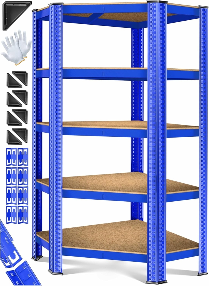 MASKO® Eckregal Lagerregal Schwerlastregal, Kellerregal, 180x75x40cm , bis 875 kg, 5 verstellbare Ablagen, MDF-Platten Regal aus Metall, Steckregal, Werkstattregal, Keller, Garage Blau Bild 1
