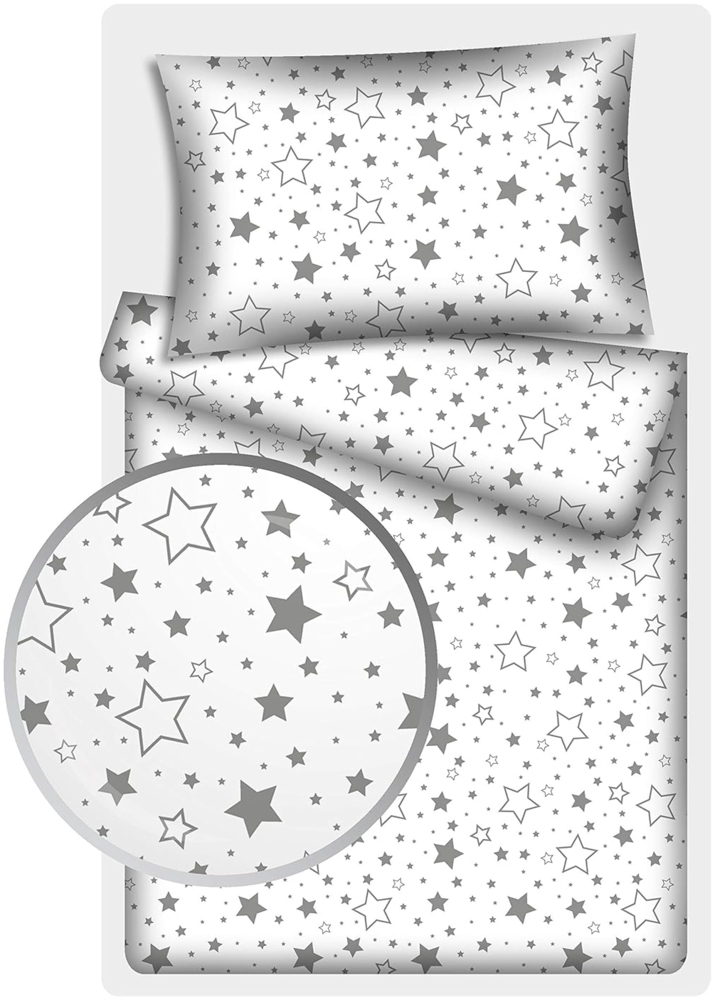 KiGATEX Kinderbettwäsche Stars 2-TLG. 100% Baumwolle 40x60 + 100x135 cm mit Reißverschluss (Sterne Mix Grau) Bild 1