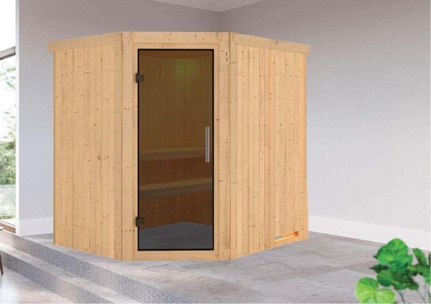 Karibu Sauna Lilja mit Eckeinstieg Innensauna 2 Sitzbänke aus Holz Saunakabine mit 68 mm Wandstärke Dampfsauna Bild 1