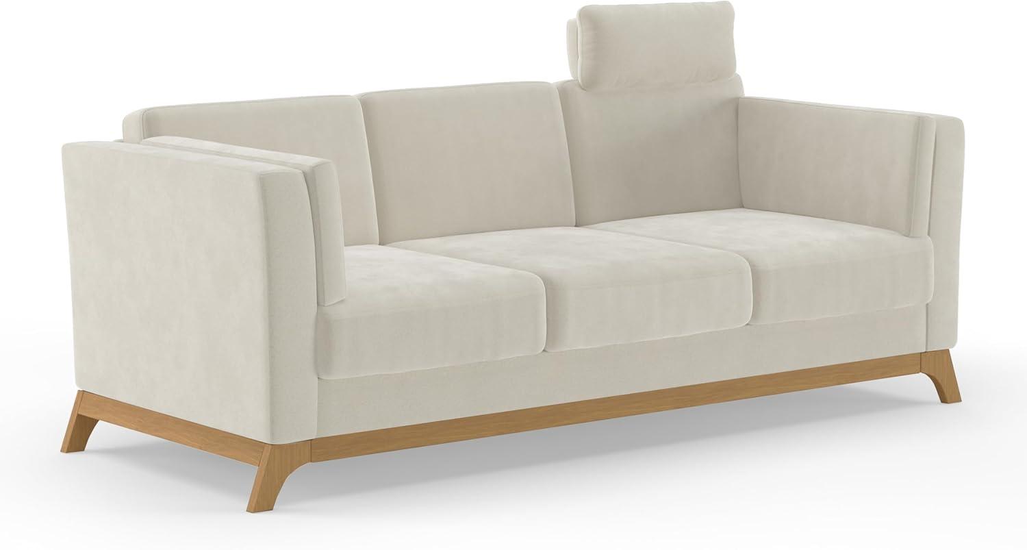 Cavadore 3er-Sofa Vida / 3-Sitzer Couch im trendigen Design mit massivem Holzrahmen in Eiche, Kopfstütze mit Kuschelkissen / 213 x 84 x 93 / Mikrofaser, Naturweiß Bild 1