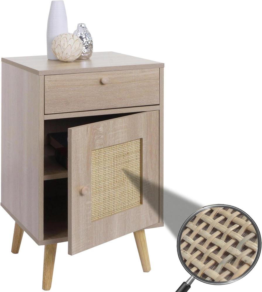 Beistelltisch HWC-M36, Kaffeetisch Nachttisch Loungetisch, Staufächer Schublade, Kubu Rattan Holz Melamin, Eiche-Optik Bild 1