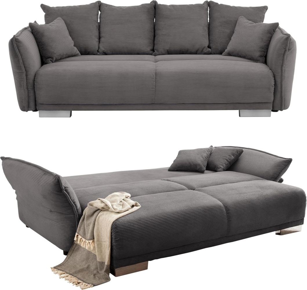 luma-home Big-Sofa 17214, mit Bettfunktion 242x131 cm, rasterlose Armlehnenverstellung, Federkernpolsterung, Wellenunterfederung, Stauraum, Kissen, Bezug Cord Grau Anthrazit Bild 1