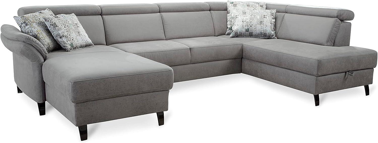 Cavadore Wohnlandschaft Ammerland mit Federkern, Schlafsofa mit Bettfunktion und Bettkasten, inkl. Kopfteilverstellung, 317 x 84 x 193, lederoptik hellgrau Bild 1