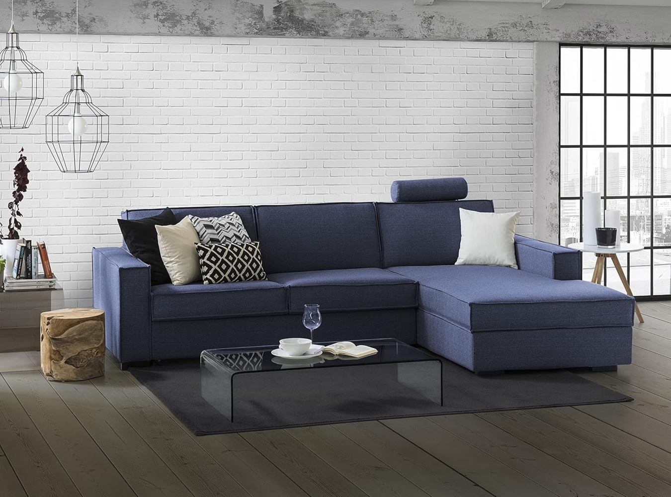 Talamo Italia Ecksofa Beatrice, Made in Italy, Drehbare Öffnung mit Matratze und Lattenrost, Halbinsel mit Stauraum links, mit Standardarmlehnen, Cm: 280x95h90, Farbe Blau Bild 1