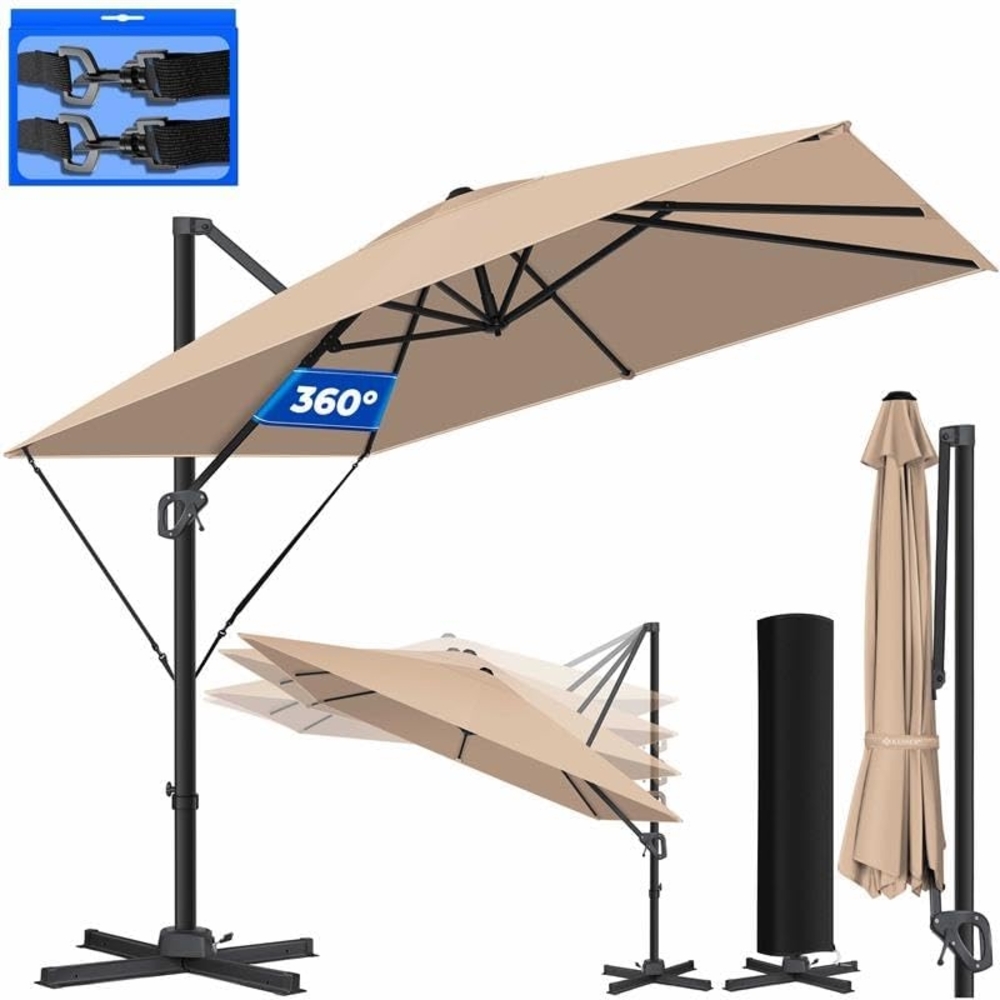 KESSER® Sonnenschirm Ampelschirm Sun XL 300x300 cm Inkl. Abdeckung +Windsicherung Drehbar Neigbar Kippbar Marktschirm Groß 360° Rotation, Gartenschirm mit Kurbel Sonnenschutz UV50+, Taupe Bild 1